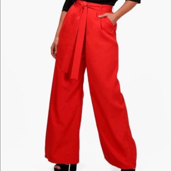 Boohoo Plus Pants - New Plus Tie Waist Wide Leg Woven Trouser